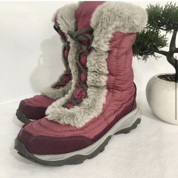 The North Face Big Girl Nuptse Boots Size 5 Red Purple Grey Lace Up Faux Fur II - Picture 1 of 15